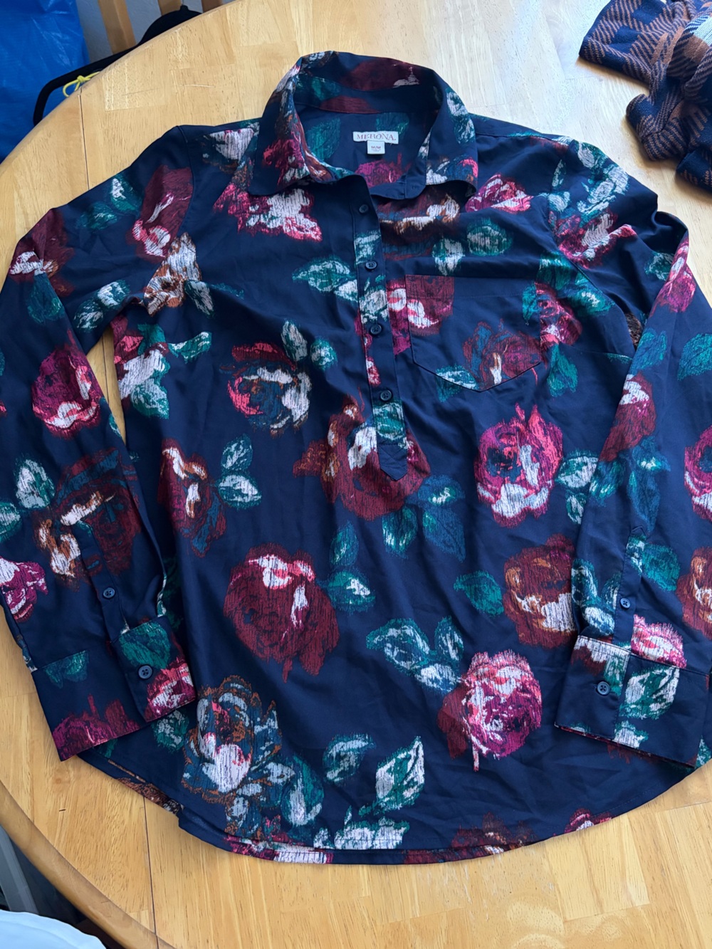 Merona Navy Floral Button-Down Blouse with Burgundy and Red  Accents